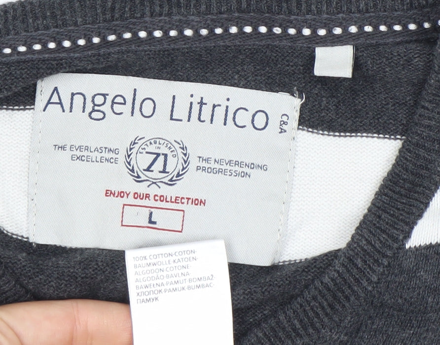 Angelo Litrico Men's L Black Grey White Striped Cotton V-Neck Jumper
