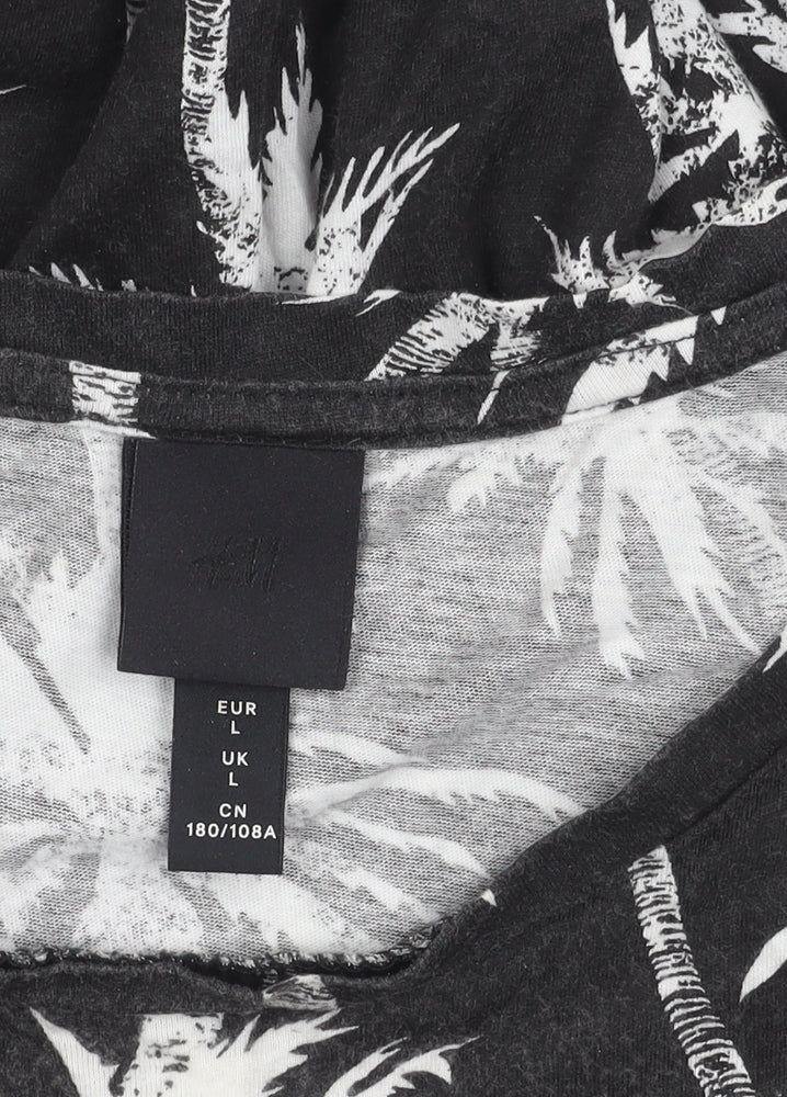 H&M Womens Black Palm Tree Print Cotton T-Shirt Size L Short Sleeve