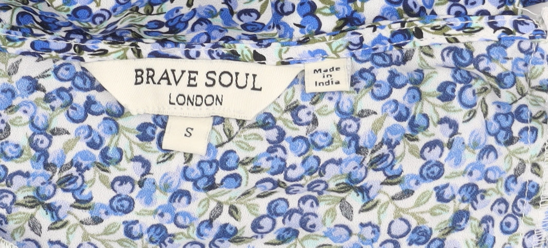 Brave Soul Women’s Blue Floral A-Line Short Puff Sleeve Dress S