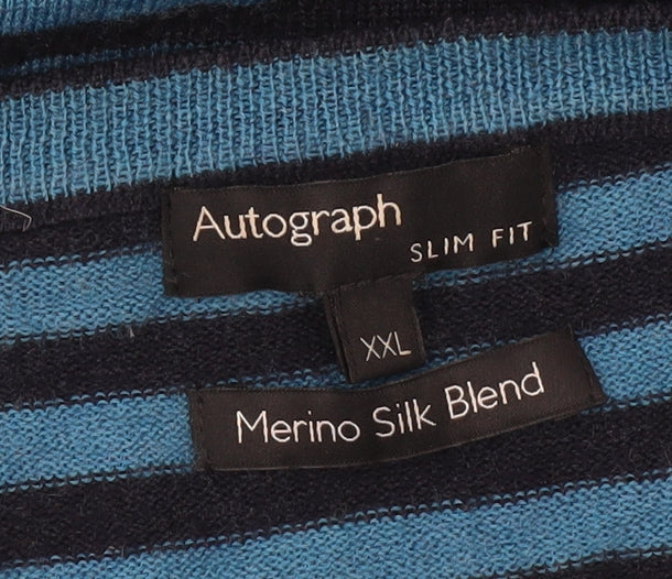 Marks and Spencer Men’s Blue Striped Slim Fit 2XL Merino Wool Silk Jumper
