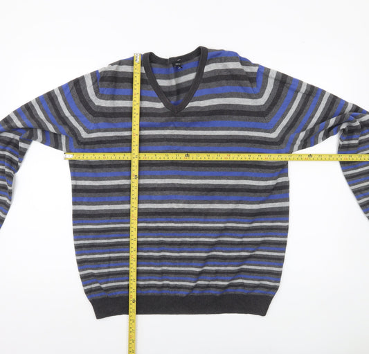 Jaeger Mens Multicoloured Striped Cotton V-Neck Jumper L