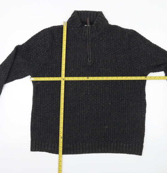 Tu Mens Black L Waffle-Knit 1/4 Zip Pullover Jumper