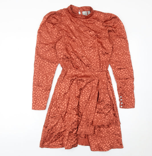 Additional front view of ASOS Women’s Brown Animal Print Short Puff Sleeve Dress, size UK 4