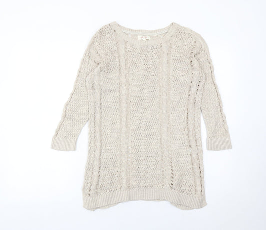 FatFace Womens Beige Size 10 Crew Neck Open-Knit Jumper