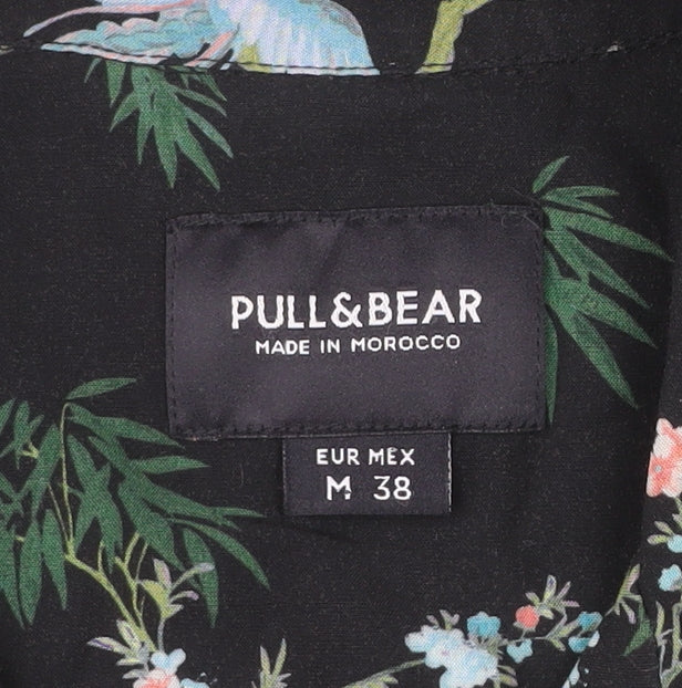Pull & Bear Men’s Black Tropical Animal Print Shirt M Short Sleeve