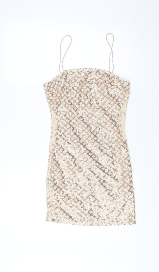 PrettyLittleThing Women Beige Sequin Short Bodycon Dress Size 8