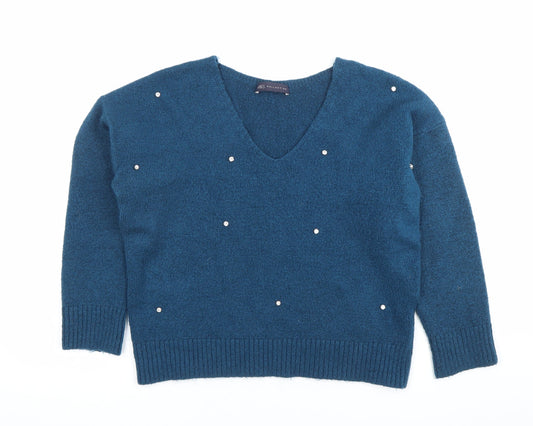 Marks and Spencer Womens Blue Beaded V-Neck Pullover Jumper Size 10