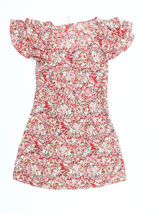 Vila Women Red Floral A-Line Short Dress Size S Summer Casual