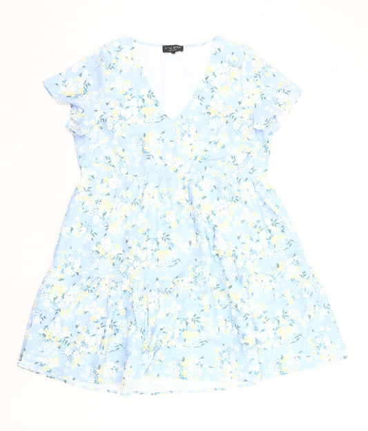 Additional front view of In The Style Women’s Blue Floral Skater Dress, size UK 12, V-Neck
