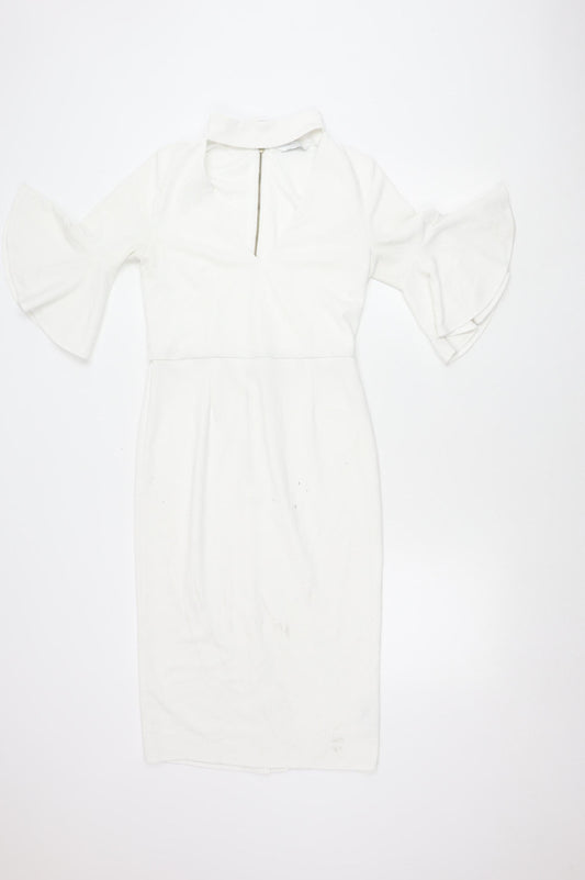Michelle Keegan Women’s White Size 8 Sheath V-Neck Flared Sleeve Dress