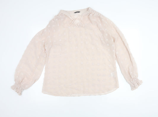 Additional front view of Roman Women Beige Polka Dot Tunic Blouse, size 16, Long Sleeve Sheer