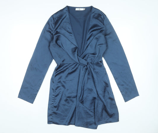 Additional front view of Missguided Women’s Blue Wrap Dress UK 10 Short Long Sleeve V-Neck