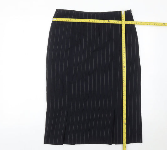 Jaeger Women Black Pinstripe Wool Midi Pencil Skirt UK 14