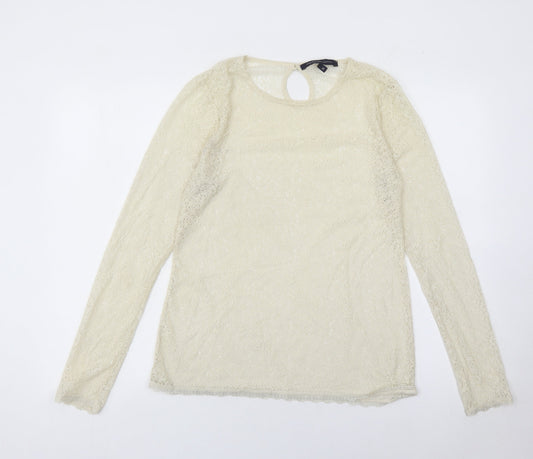 Additional front view of French Connection Women’s Ivory Lace Blouse, size UK 14, Long Sleeve Round Neck