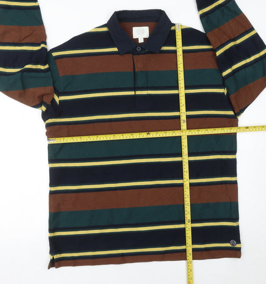 Marks and Spencer Men’s Brown Green Striped Polo Shirt Size M Long Sleeve