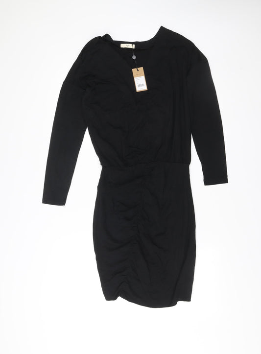Hush Womens Black XS Bodycon Knee Length Ruched V-Neck Dress
