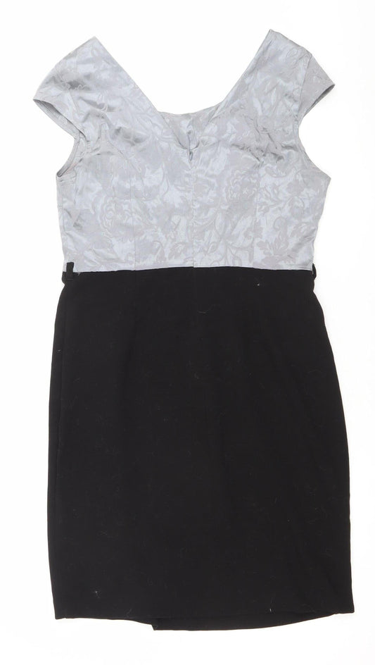 Additional front view of Collection London Women’s Grey Black Sheath Dress, size UK 12, Formal Workwear