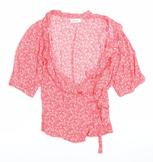Sweewe Womens Red Floral Wrap Blouse Size M 3/4 Puff Sleeve V Neck
