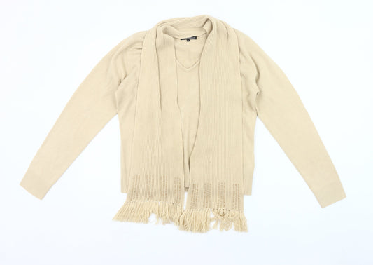 Debbie Morgan Womens Beige L Cardigan V-Neck Knit Fringe Detail
