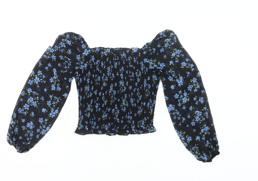 Additional front view of 915 Generation girls’ black floral cropped blouse age 12 years long sleeve