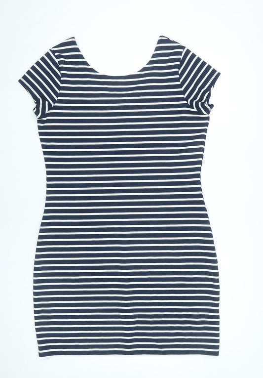 Yessica Women Blue Striped Bodycon Dress L Scoop Neck