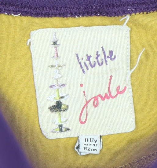 Brand and care label for Joules girls’ purple long sleeve bear graphic t-shirt 11-12 years