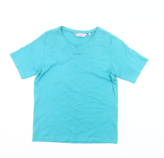 Additional front view of Honor Millburn Women's Blue Cotton Embroidered T-Shirt, size S