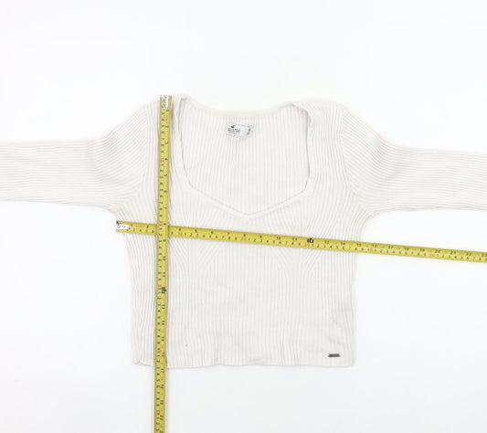 Hollister Womens Ivory V-Neck Rib Knit Pullover Jumper Size M