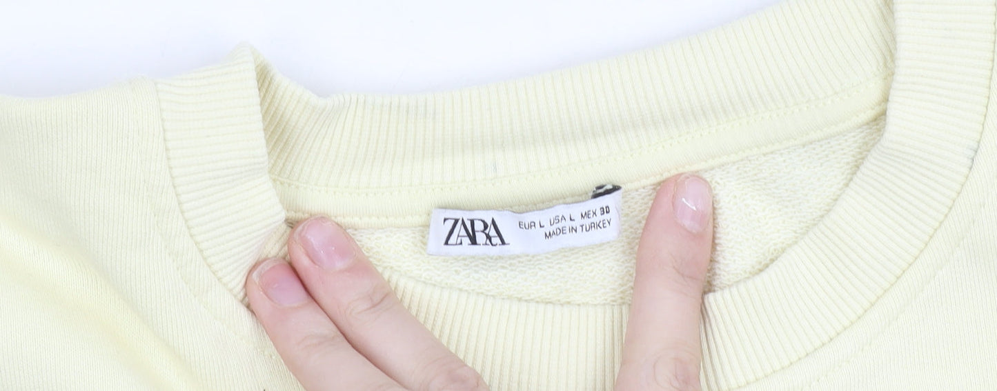 Zara Women Ivory Crew Neck Long Sleeve Pullover Sweatshirt Size L