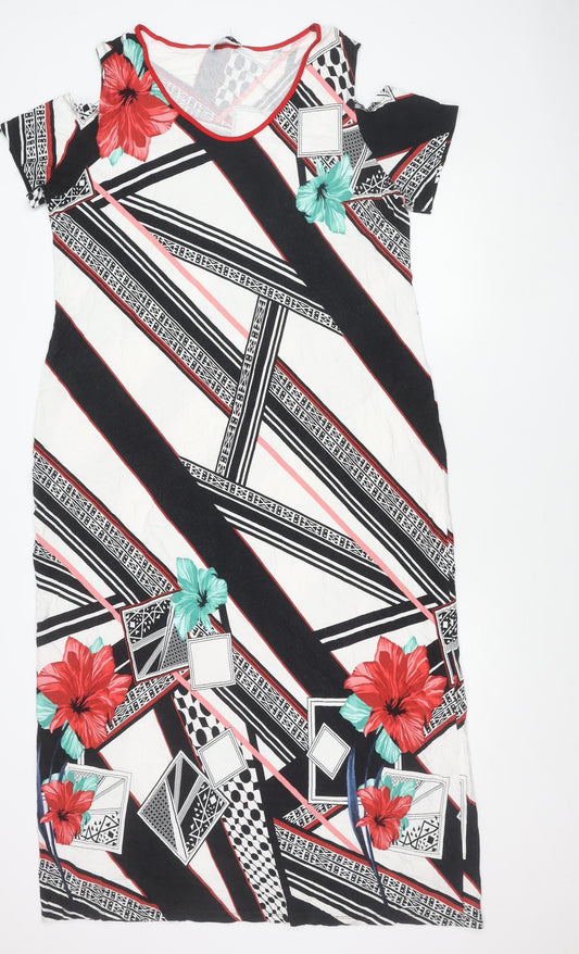 Dina Women’s Black White Red Green Floral Geometric Shift Dress Size 4