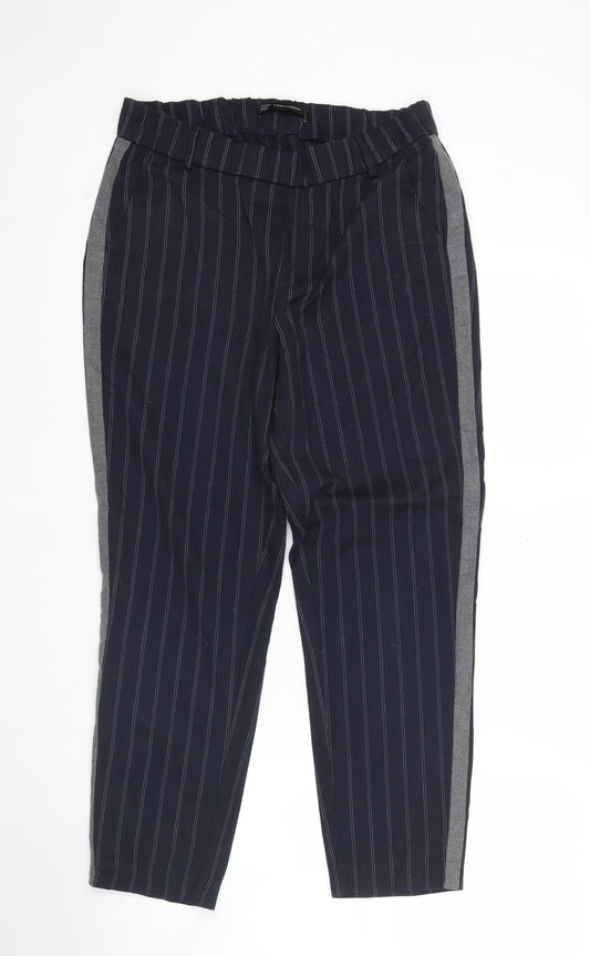 Zara Women Blue Striped Straight Trousers Size S Elastic Waist