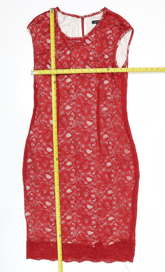 Jaeger Women Red Lace Sheath Dress Size 14 Knee Length Formal