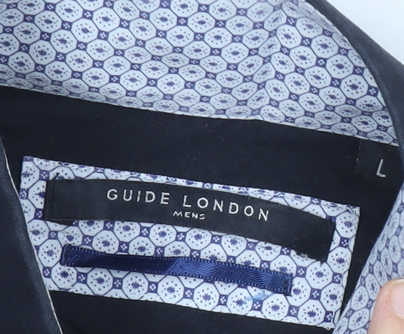 Guide London Mens Black Slim Fit Long Sleeve Button-Up Shirt L