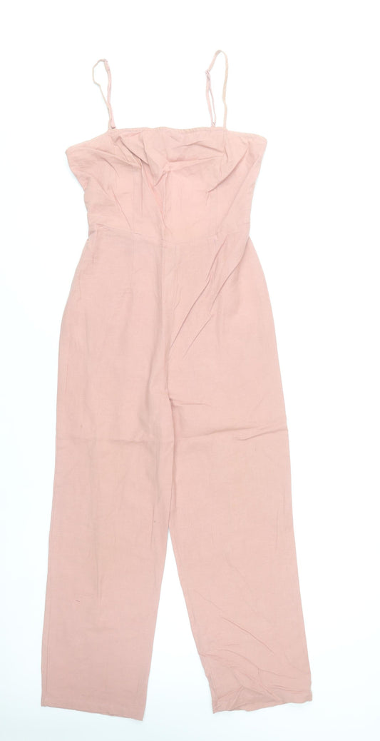 Additional front view of ASOS Women’s Pink Linen Cotton Strappy Jumpsuit, size UK 6