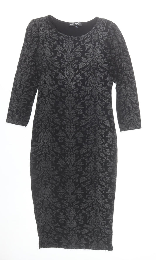 Select Womens Black Damask Bodycon Dress Size 8 3/4 Sleeve Scoop Neck