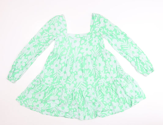 Additional front view of ASOS Women’s Green Floral Smock Dress, size UK 8, Long Sleeve Square Neck