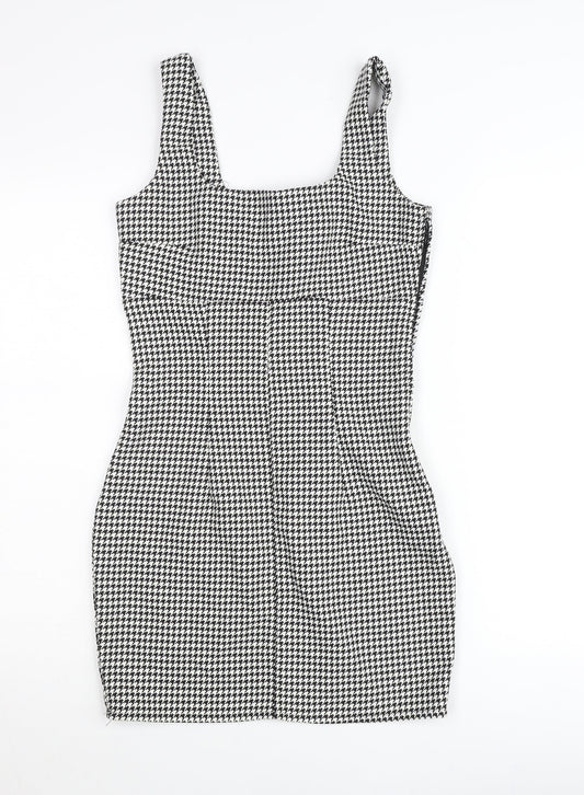 H&M Women’s Black Houndstooth Bodycon Dress UK 8 Sleeveless Square Neck