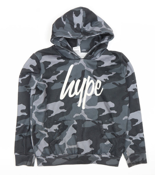 Hype Boys Black Grey Camouflage Pullover Hoodie 13 Years Logo Print