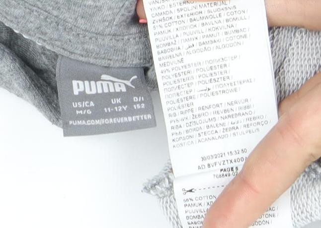 Brand and care label for Puma boys’ grey pullover hoodie 11-12 years scfc football logo