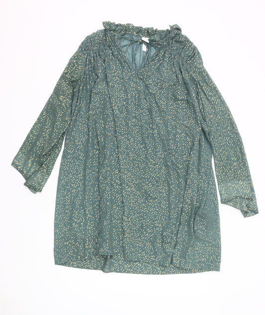 H&M Women Green Metallic Shift Dress Size 12 Long Sleeve Ruffle V-Neck