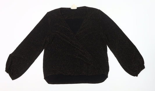 If By Sea Womens Black Glitter Wrap Blouse XL Long Sleeve Party Top
