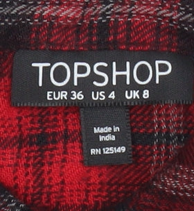 Topshop Women Red Plaid Button-Up Shirt UK 8 Long Sleeve Casual Viscose