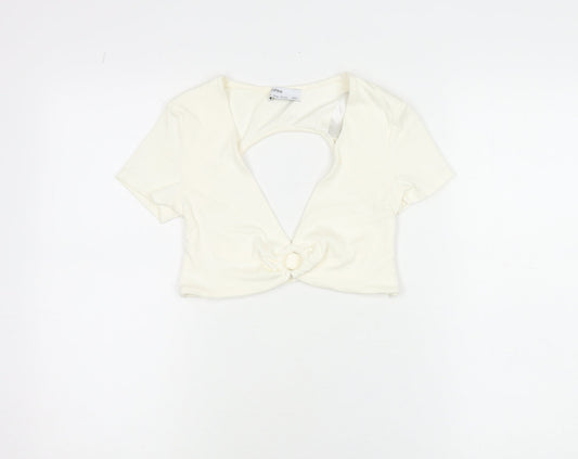 Bershka Women Ivory Cropped V-Neck Cut Out Slim T-Shirt M