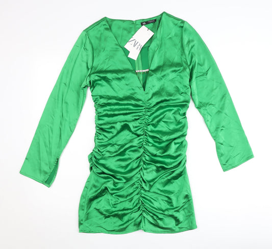 Zara Women’s Green Satin Bodycon Mini Dress M Long Sleeve Party
