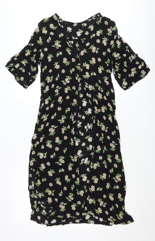 Additional front view of Atmosphere Women Black Floral Shift Dress, size 10, V-Neck Short Sleeve