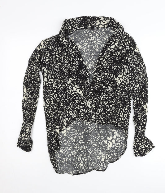 Zara Women Black Animal Print Wrap Blouse Size S Long Sleeve
