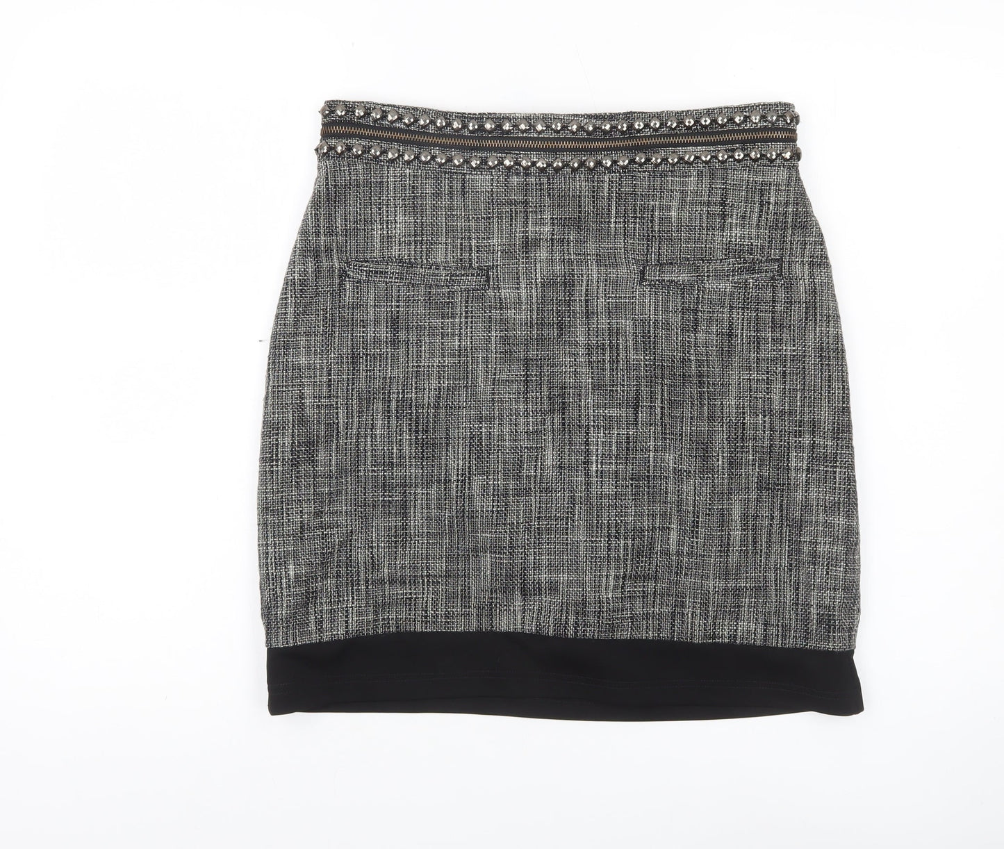 H&M Women Grey Size 12 Tweed Pencil Skirt Lined Studded Workwear