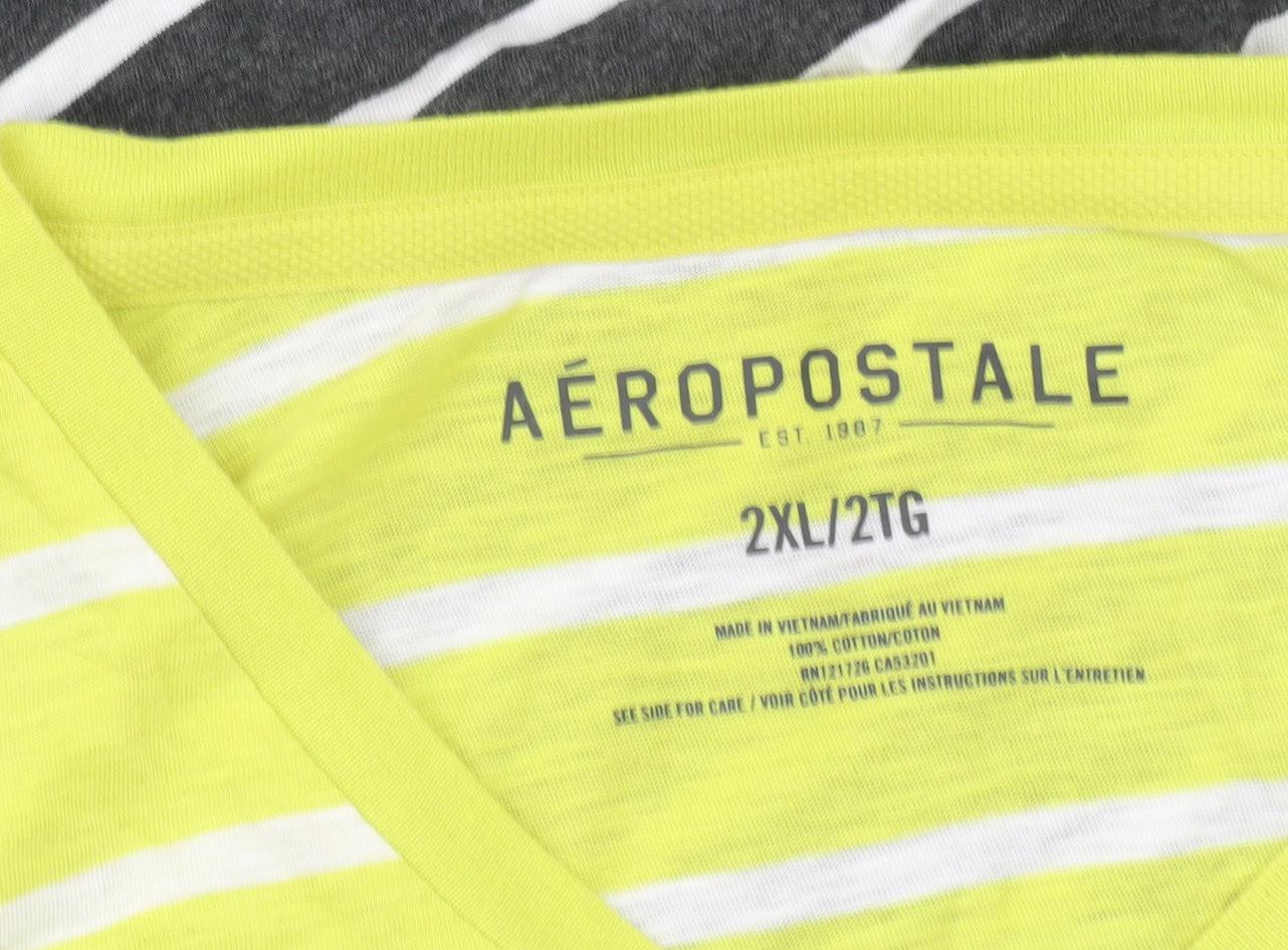 Aeropostale Men’s Multicoloured Striped 2XL V-Neck Cotton T-Shirt