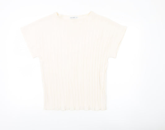 Additional front view of Gallery women’s ivory xs boat neck short sleeve basic top