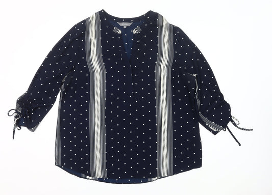 Additional front view of Principles Women Blue Polka Dot Tunic Blouse, size 18, V-Neck 3/4 Sleeve